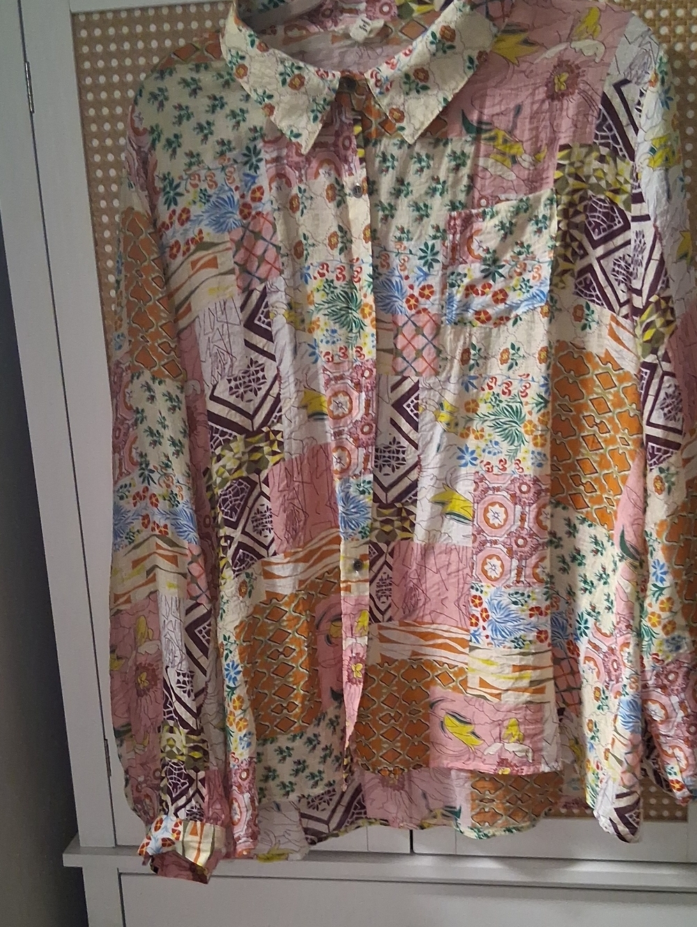 POL Patchwork Floral Button-Up Blouse in Pink, Yellow, Blue, Brown